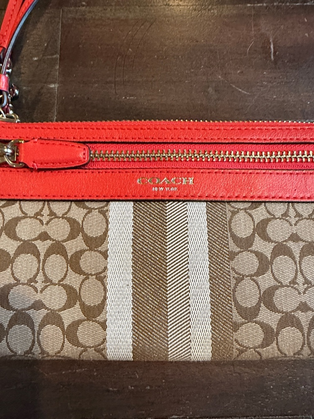 Coach Brown Signature Stripe Wristlet with Orange Trim - Picture 2 of 7